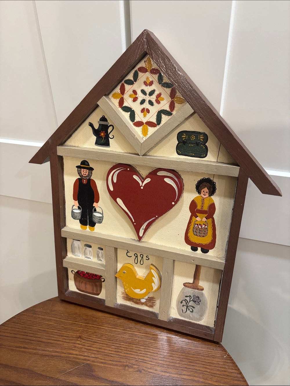 Hand-Painted Heart & Folk Art House Wall Decor - Red & Yellow
